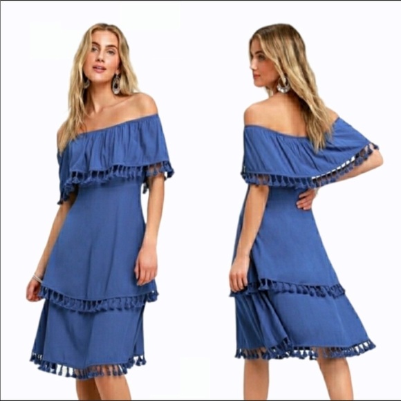 Lulus Dresses & Skirts - Lulu’s Pensacola blue off shoulder tiered tassel midi dress NWT! S